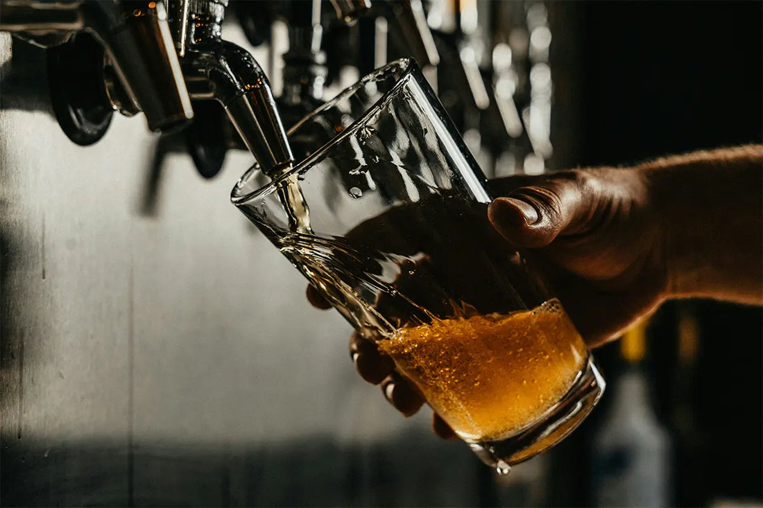Comment est fait le cidre ? Sur cette image un barman est en train de servir un verre de cidre depuis la tireuse.