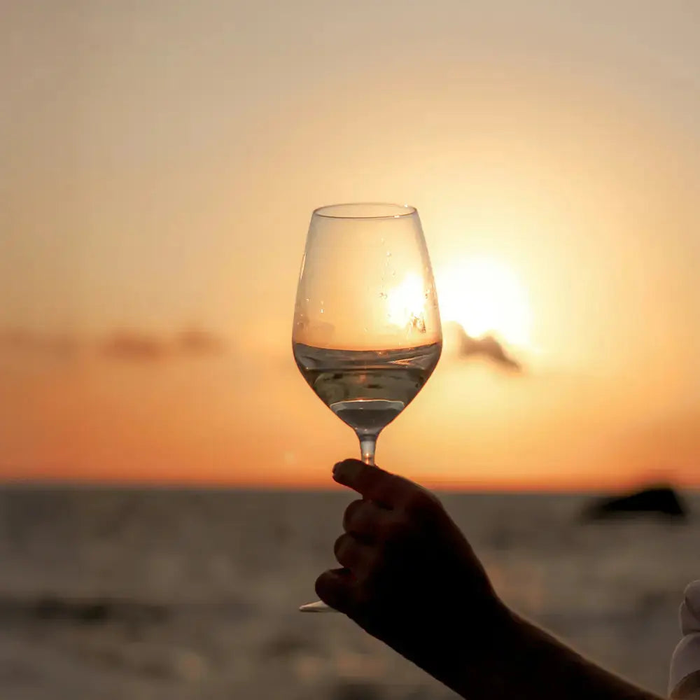 Main tenant un verre à vin universel devant un coucher de soleil sur la mer, ambiance estivale et élégante.