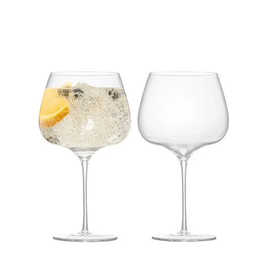 Deux verres pour gin tonic sur fond blanc, dont l’un est garni de glaçons, baies de genièvre et d’une tranche d’orange pour une dégustation rafraîchissante.
