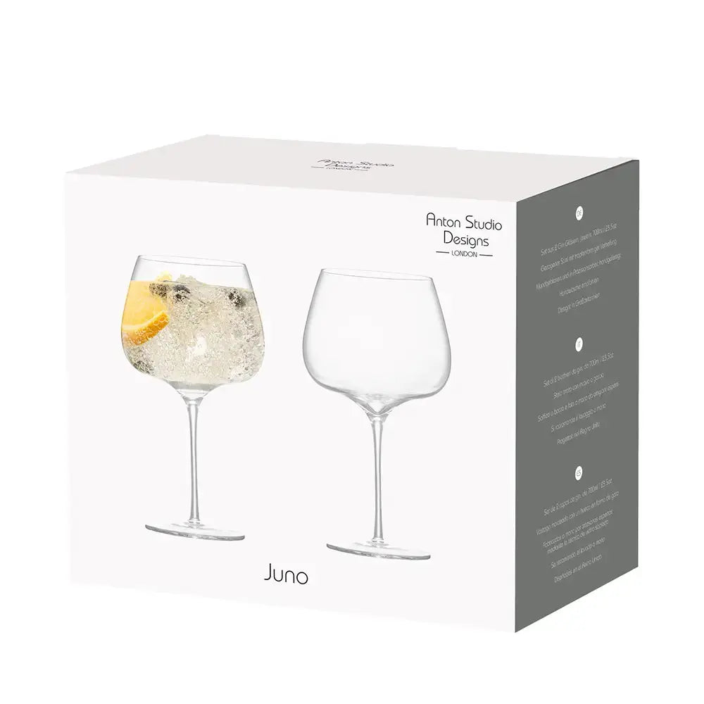 Packaging élégant de deux verres pour gin tonic de la collection Juno, parfaits pour offrir ou sublimer vos dégustations à la maison.