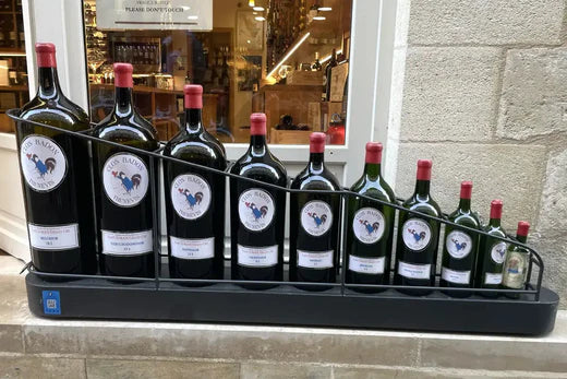 Taille bouteilles de vin. Photo prise à Saint Emilion montrant les différentes tailles de bouteilles de vin.