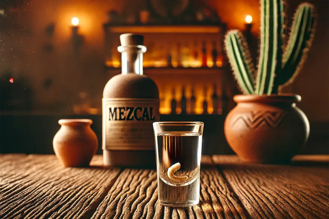 Shooter de mezcal avec ver au premier plan. Au second plan il y a une bouteille de mezcal ainsi qu'un pot de terre avec un cactus à l'intérieur. La scène se déroule dans un bar très cosy.