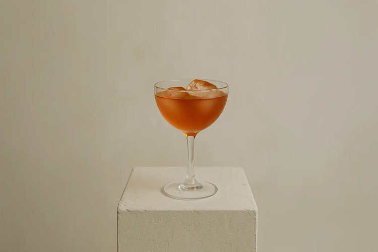 Verre à cocktail rempli d’un breuvage orangé sur glace, posé sur un socle clair en plâtre, dans un décor sobre et lumineux aux tons neutres.
