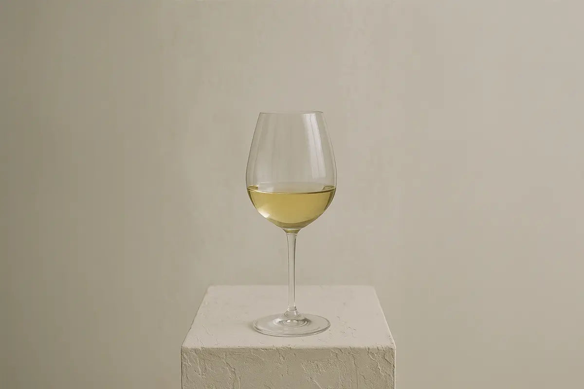 Verre à vin blanc posé sur un socle texturé en pierre claire, dans un décor minimaliste et chaleureux, éclairé par une lumière douce.