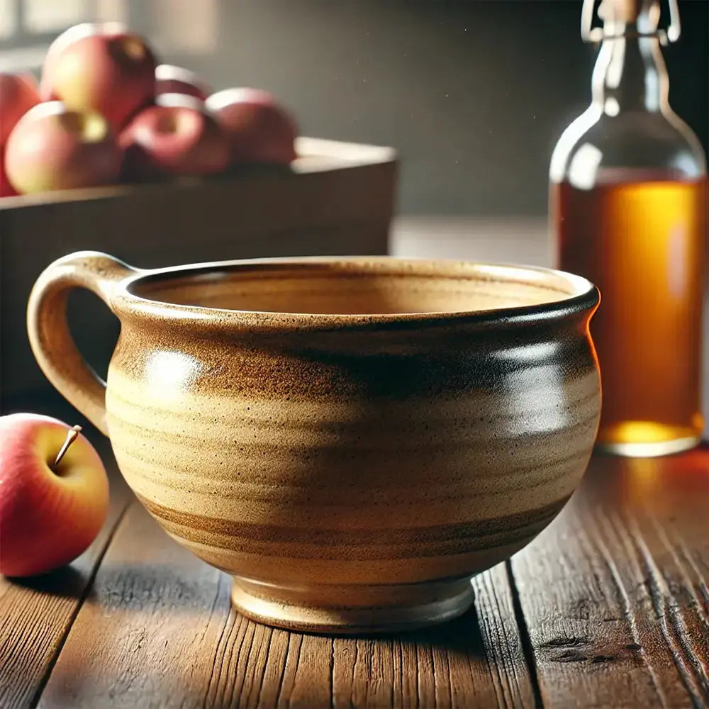 Bolée pour cidre en céramique avec anse. Il y a un panier de pommes derrière ainsi qu'une bouteille de cidre en verre.