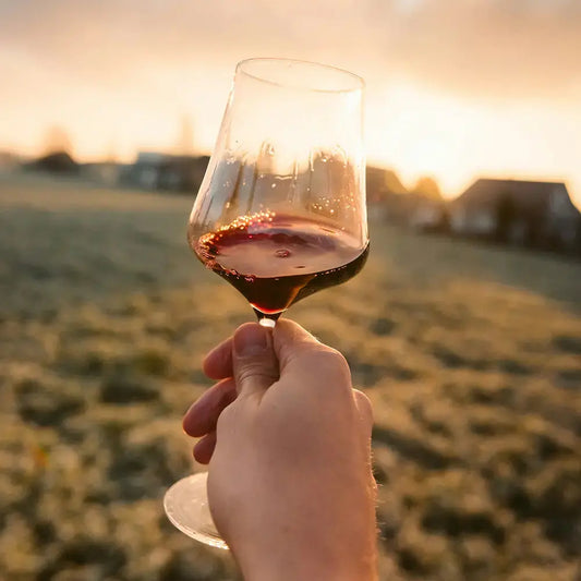 Verre universel gabriel glas tenu par une personne dans un champs à la campagne.