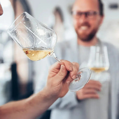 Deux personnes sont en train de déguster du vin blanc dans des verres universels gabriel glas.