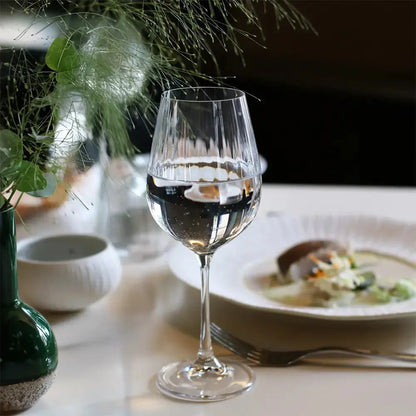 Verre à vin universel en cristal transparent, au design fin et élégant, posé sur une table de restaurant avec un décor raffiné. Le verre est partiellement rempli d'eau, reflétant la lumière ambiante. En arrière-plan, une assiette gastronomique et un vase avec des feuillages apportent une ambiance sophistiquée.