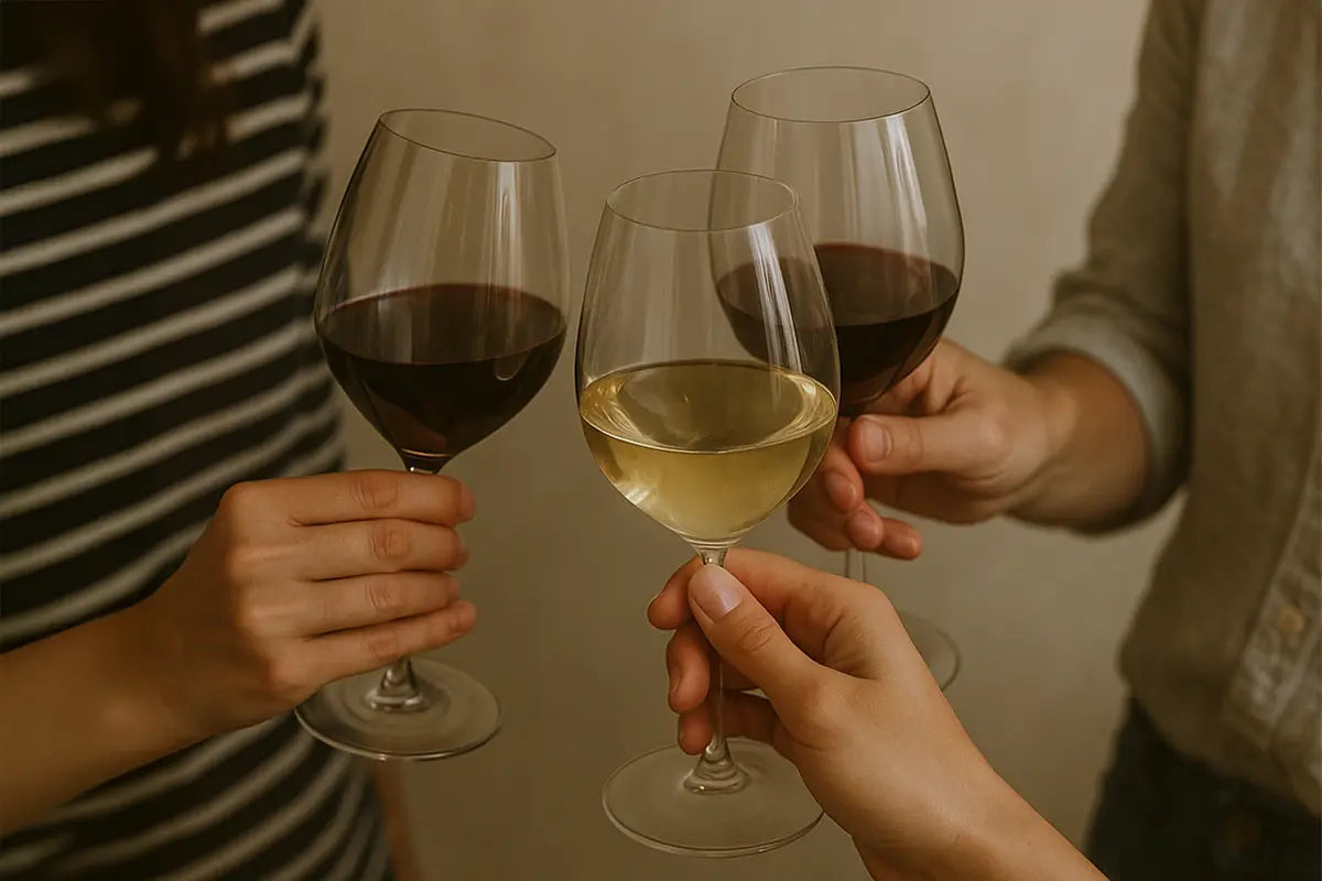 Trois personnes trinquent avec des verres à vin rouge et blanc, dans une ambiance conviviale et chaleureuse sur fond beige.