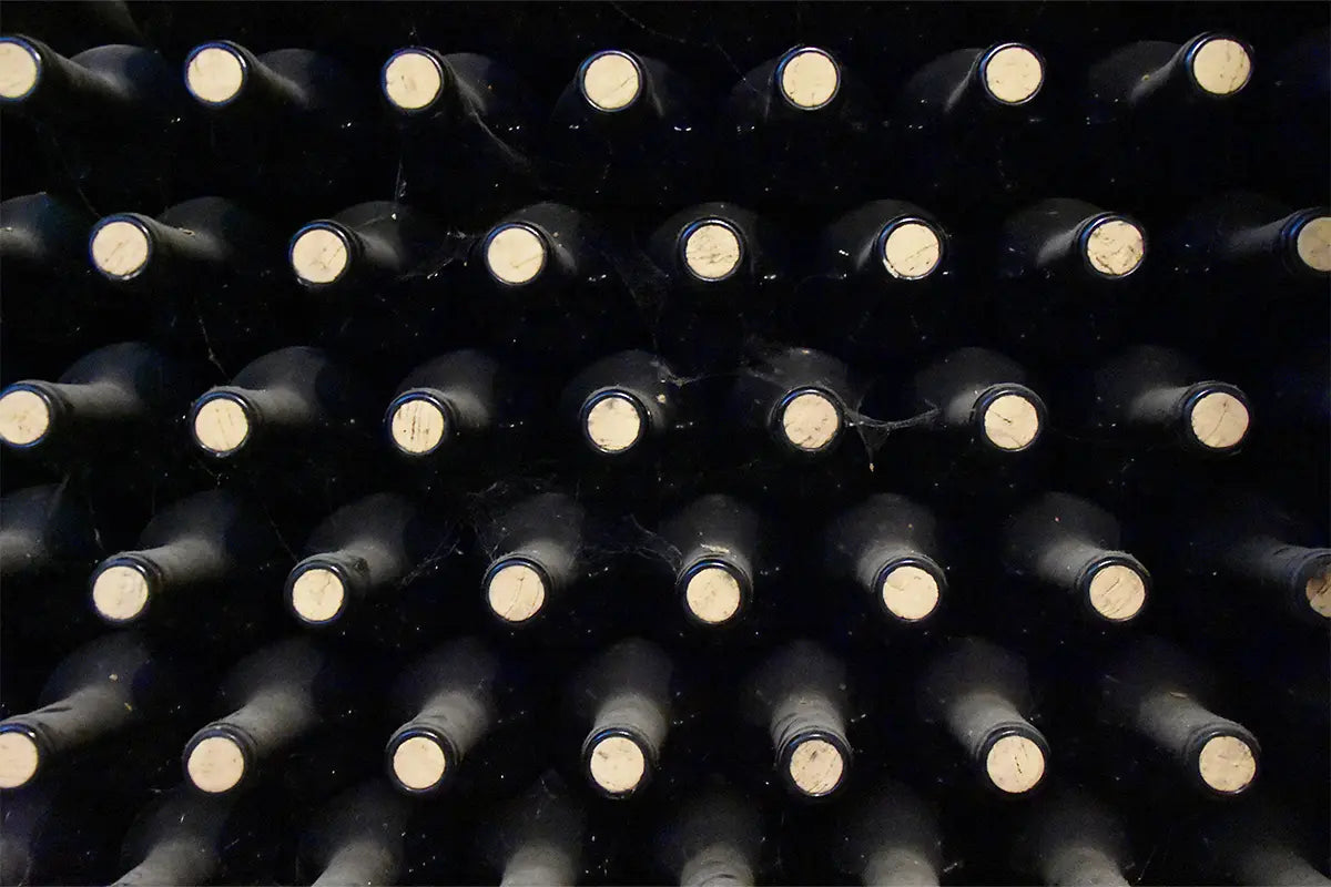 Images de bouteilles de vin non étiquetées et allongées dans une cave.